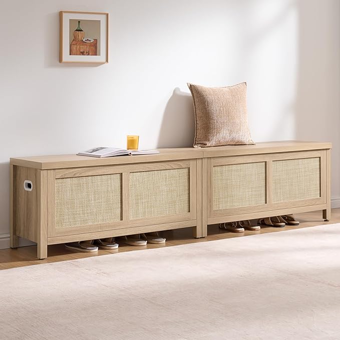 SICOTAS Rattan Storage Chest Set of 2-39.4" Storage Bench for Bedroom, Boho Storage Truck with 2 Safety Hinges and Flip Top for Living Room Entryway, Supports 220 lb, Light Oak, 2 PCS