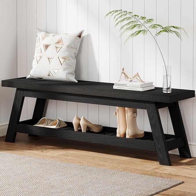 Tribesigns Wood Black 2-Tier Entryway Bench with Shoe Storage, 55" Large Narrow Hallway Foyer Seating Bench with Open Shelves for Entryway, Bedroom, Mudroom