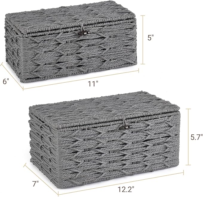 Mkono Storage Baskets Bin with Lid Decorative Paper Rope Handwoven Basket Organizer for Shelves Wardrobe Toilet Tank Top, Rectangular Wicker Home Decor Box for Bedroom Living Room, Set of 2, Grey