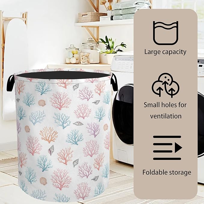Starfish Coral Foldable Laundry Hamper - Waterproof Fabric Storage Basket with Handles, Clothes Hampers for Laundry,Bedroom,Dorm