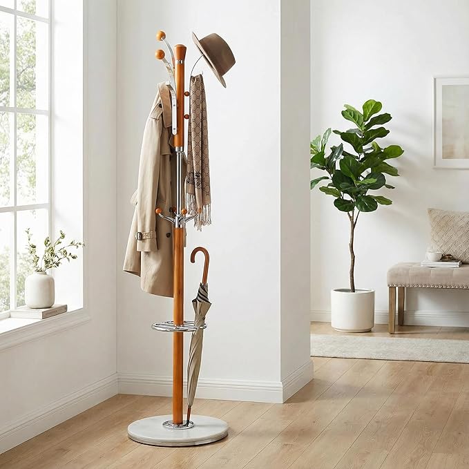 Cortesi Home Alpine Light Chrome and Natural Wood Coat Rack, Light Marble