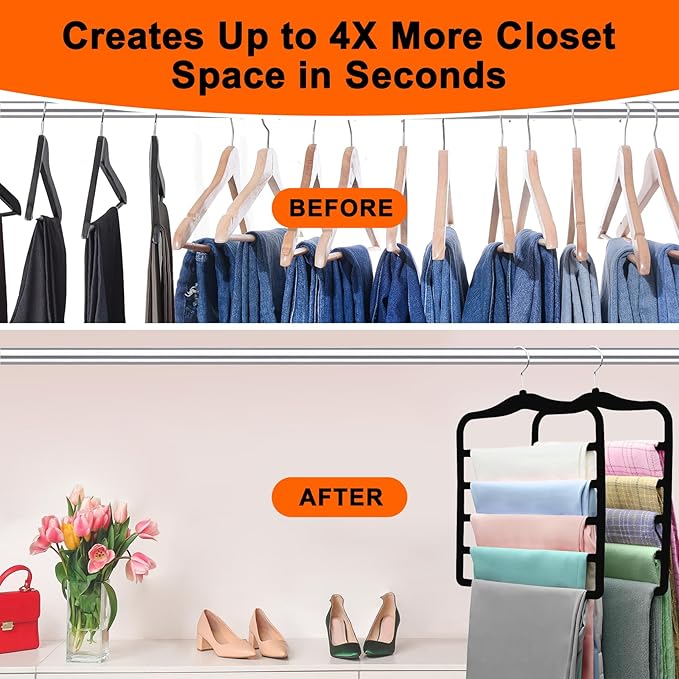 Closet Organizers and Storage,5 Pack Pants Hangers Space Saving,Velvet Hangers, Dorm Room Essentials for College Students Girls Boys Guys,Non Slip Organization and Storage Scarf Jeans Hangers