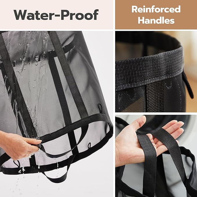Mesh Laundry bag with Handles, 42L Collapsible Laundry Basket with 2 Hooks, Wall-Mounted Foldable Laundry Hamper Hanging for Bathroom, Dorm or Travel (Black, 1 Pack）
