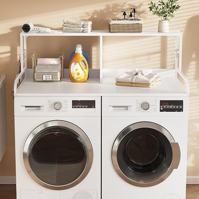 DWVO 2-Tier Washer Dryer Countertop with Shelf, 53" W x 27.6" D with with 2.8" Edge Rails & 2 Hooks, Laundry Countertop for Organization, Washer and Dryer Topper, White