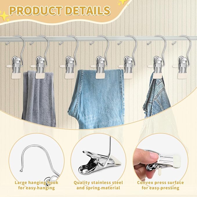30 Pieces Boot Hanger Clips with Hook, Multifunctional Stainless Steel Clothes Pins, Space Saving Single Hanging Clips for Closet Pants Hats Socks Gloves Towels, White