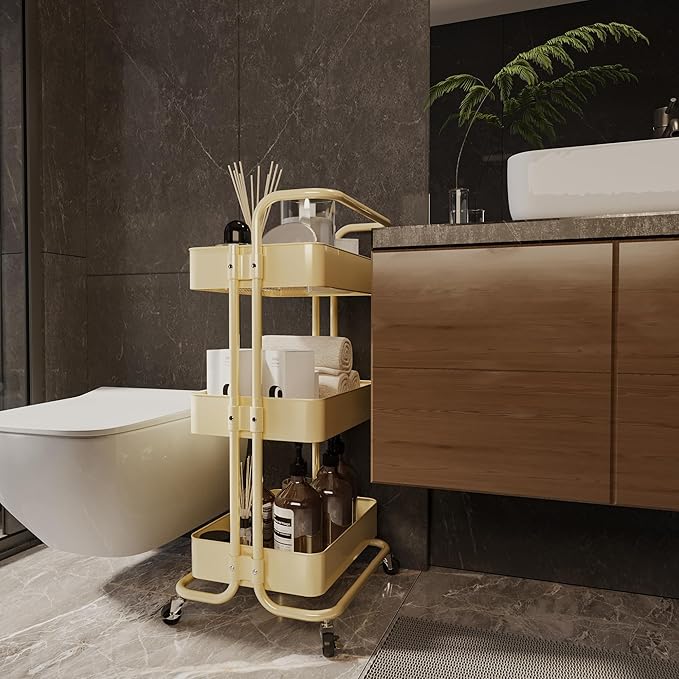 3-Tier Metal Rolling Cart with Wheels, Utility Storage Cart, Multifunctional Organizer Storage for Kitchen, Bedroom, Office, Laundry Room, Dorm Room Essentials (Cream Yellow)