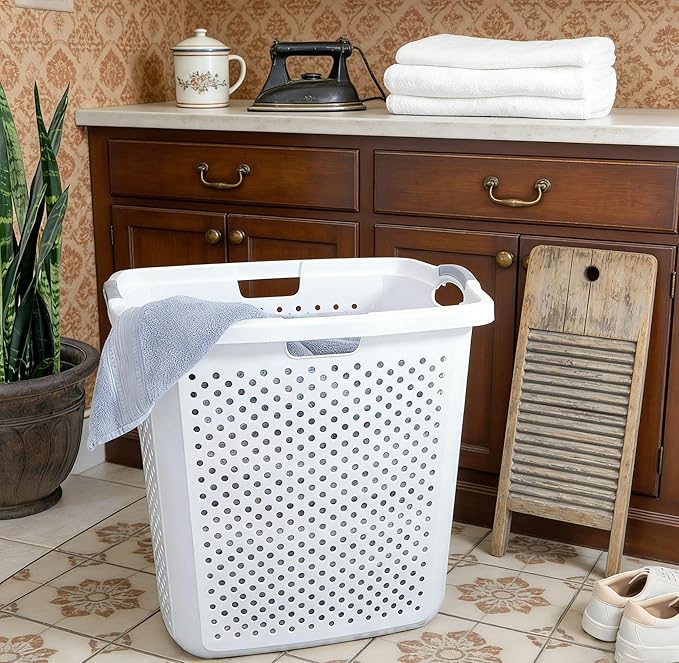 2-Pack 2.5 Bushel Large White Plastic Laundry Baskets - Heavy Duty Hamper with 4 Handles & Ventilation Holes, Space-Saving Storage for Laundry Room, Apartment, Dorm, Bedroom, Bathroom