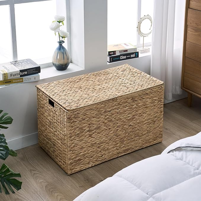 Water Hyacinth Storage Basket with Lid, 42.3 Gallon (160L) Blanket Storage Basket with Handles, Woven Storage Bin, Foldable, Metal Frame, for Bedroom, Laundry Room, Natural