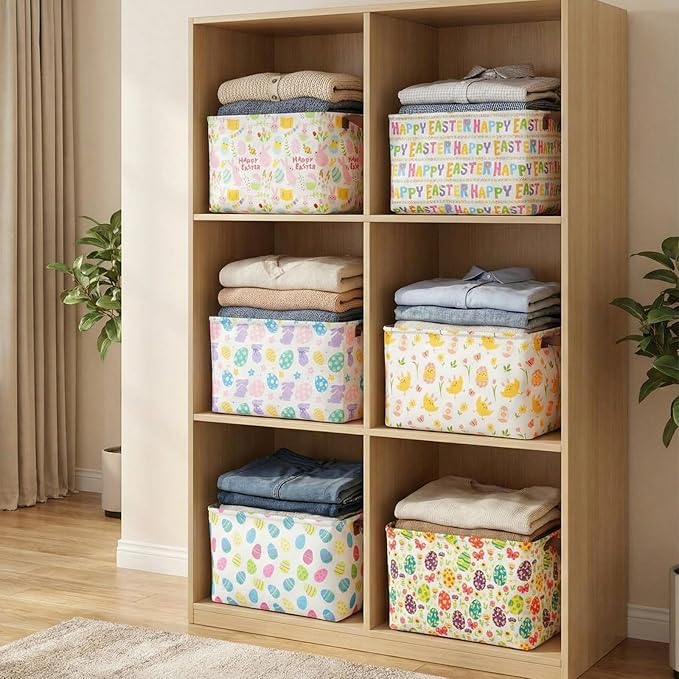 Vesici 6 Pack Large Easter Baskets for Gifts Empty Easter Storage Bins Foldable Bunny Rabbit Eggs Storage Basket Rectangular Canvas Boxes with Handle for Books Clothes