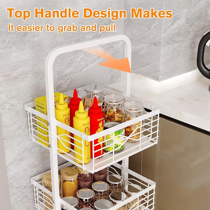3 Tier Rolling Cart, Heavy Duty Metal Utility Cart with 4 Lockable Wheels & Handle, Multi-Purpose Storage Organizer for Kitchen, Bathroom, Laundry Room, Pantry, Office, Craft, Makeup (White)