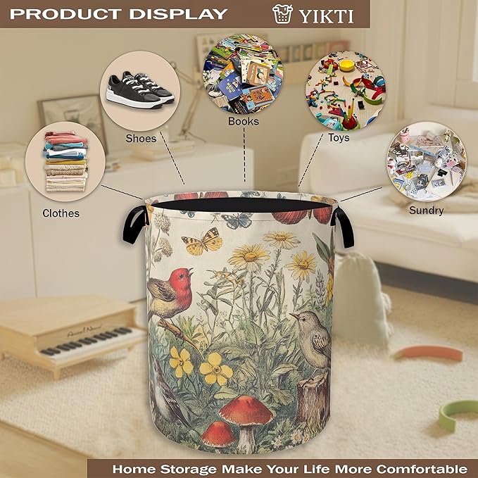 Collapsible Laundry Basket,Vintage Flower Bird Dirty Clothes Hamper,Rustic Butterfly Mushroom Hampers for Bedroom Waterproof Oxford Cloth Storage Organizer for Bathroom,Nursery,Dorm,16x20 Inch