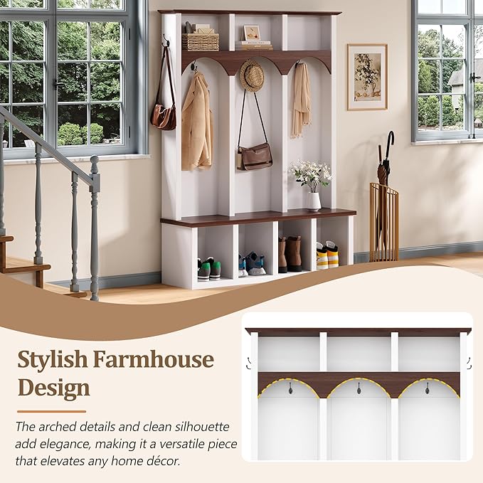 Farmhouse 59" Wide Hall Tree with 5 Black Hooks and Arched Design, Wood Grain Bench with Open Compartments, 4-in-1 Hallway Shoe Cabinet for Mudroom, Living Room (White-9.9)