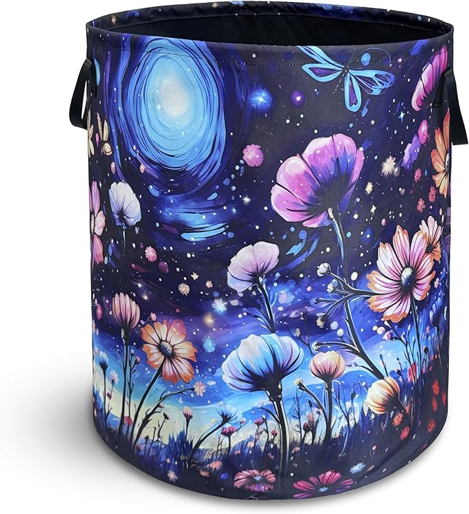 Colorful Flowers Laundry Basket Night Starry Sky Floral Foldable Oxford Cloth Funny Tote Bag Laundry Hamper Clothes Storage Bucket Toy Organizer For Bathroom/Laundry/Bedroom 18.9x16.5 Inch