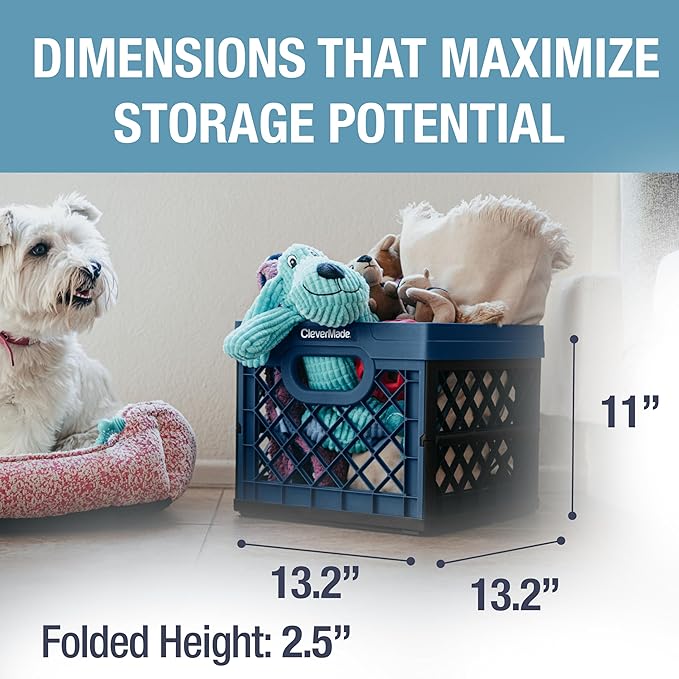 CleverMade Collapsible Milk Crate 25L (6.6 Gal) 3 Pack, 50 lb Heavy Duty Folding Crate – Stackable Storage Crates with File Rails, Plastic Collapsible Crates for Storage - Ocean