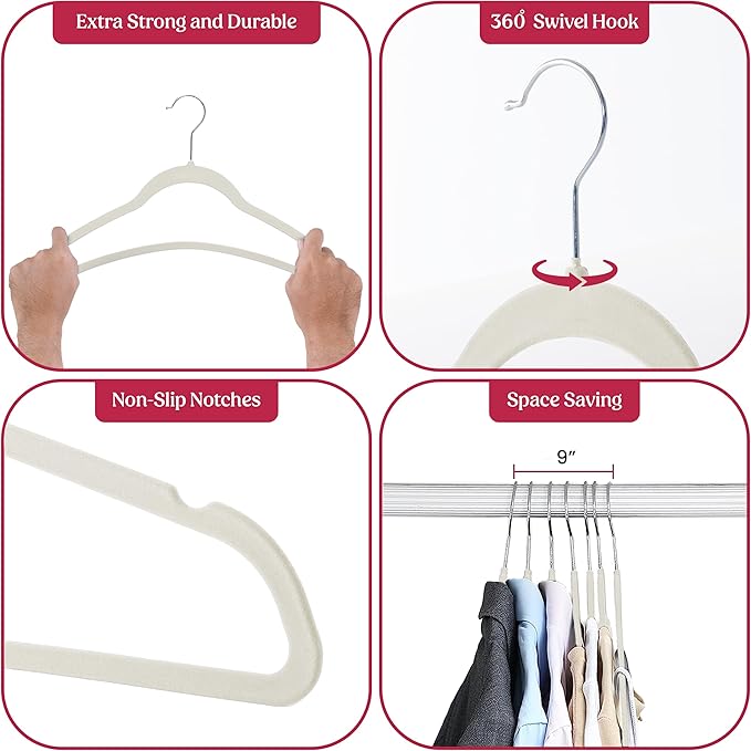 LDC White Velvet Hangers 30 Pack - Premium Non-Slip Clothes Coat Pants Felt Hanger for Closet - Heavy Duty Space Saving 360° Swivel Hook Hangars - White