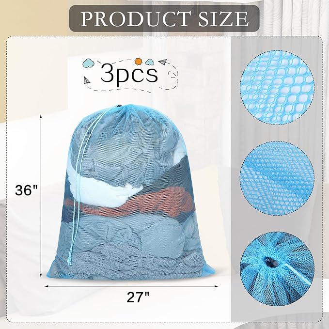 4 Pcs Mesh Laundry Bags Multicolor 27 x 36 Inches Washable Laundry Hamper Liner with Locking Drawstring Closure Sturdy Laundry Mesh Wash Bags for Travel, Storage, Sports, College, Dorms