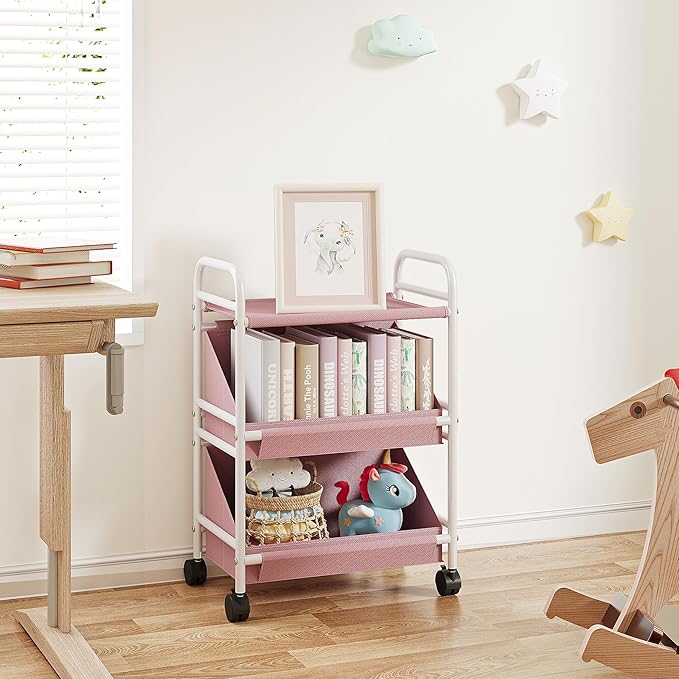 Buzowruil Utility Rolling Fabric Storage Rack Trolley Toy Cart Trolley with 2 Large Storage Boxes,Wheels, Suitable for Bedroom, Living Room, Entryway, Pink
