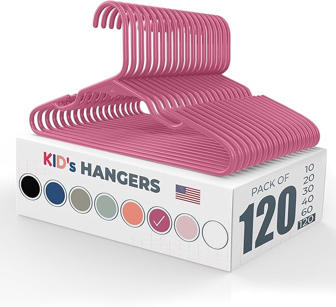 Neaties Plastic 12” Kids Hangers 100+ Pack (120 Count) – Made in The USA – 5lb Capacity Baby & Toddler Clothes Hangers with Notches & Reinforced Edges – Fits Children’s Sizes Up to 8 – Pink