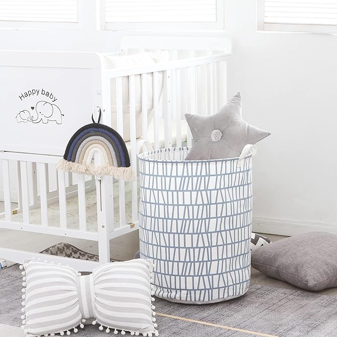 Sea Team 19.7 Inches Large Sized Waterproof Coating Ramie Cotton Fabric Folding Laundry Hamper Bucket Cylindric Burlap Canvas Storage Basket with Stylish Branch Blue Design