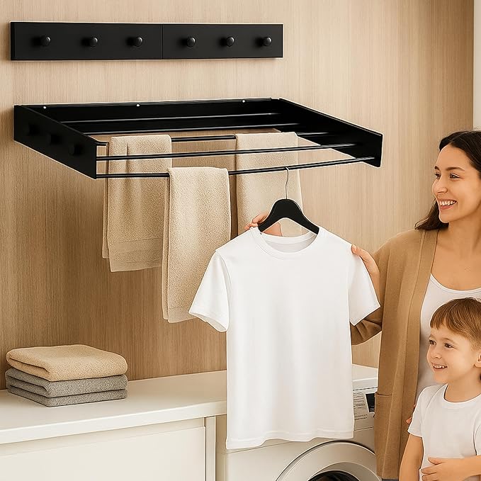 Wall Mounted Drying Racks for Laundry (31.5 Inches Wide) – Retractable Clothes Drying Rack Wall Mounted with Carbon Steel Panel 6 Knobs & 5 Aluminium rods, Wall Drying Rack with Screws (Black)