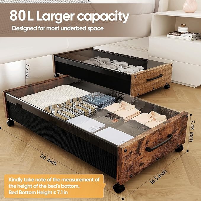 Under Bed Storage Containers with Wheels, Extra Large Wooden Underbed Shoes Organizer 2 Packs, Rolling Under the Bed Storage Drawers with Clear Lid, Heavy Duty Metal Frame for Clothes 36"L (Walnut)