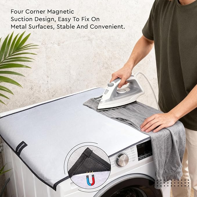 Portable Magnetic Ironing Mat by Encasa XO (18"x31") Silver Reflective Quilted Heat Resistant Pad, Foldable Iron Board Alternative Cover for Washer, Dryer, or Tabletop.