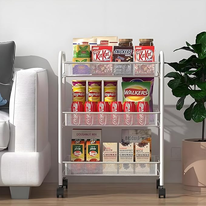 White Rolling Cart 3-Tier, Mobile Snack Cart for Living Room & Kitchen - Holds Beverages, Fruit, Books, with 360° Wheels & Hooks