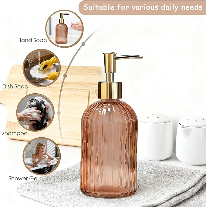 Glass Soap Dispenser with Gold Plastic Pump, 13.5oz Glass Striped Hand Soap Dispenser, 2 Refillable Hand Liquid Dispenser Set for Modern Home Decor, Bathroom, Kitchen Countertop, Hotel (Orange)