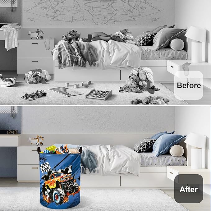 Racing Car Baby Laundry Hamper with Handle Clothes Kids Storage Basket Collapsible Boys Gift Toy Box Bin for Nursery Room, Blue, 63L
