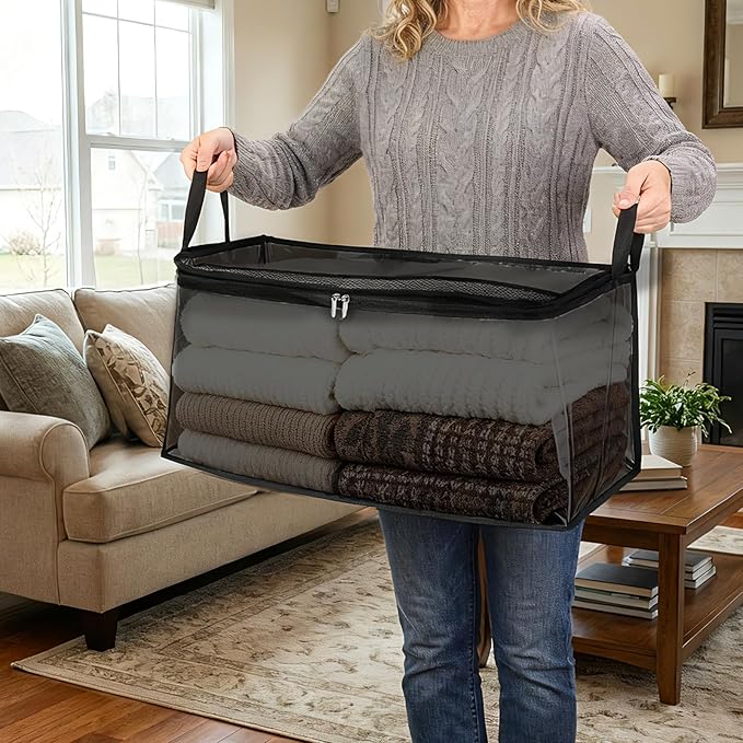 Fixwal 60L Blanket Storage Bags 4 Pack Clothes Storage Bins Foldable Thick Closet Organizers Storage Containers with Reinforced Handle for Clothing, Blanket, Comforters, Pillows(Black,PVC)