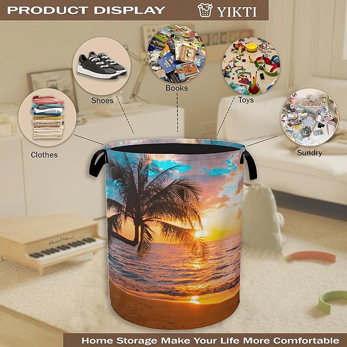 Tropical Palm Tree Laundry Hamper,Summer Beach Sunset Clothes Hamper for Laundry,Waterproof Oxford Toy Storage Collapsible Hampers for Bedroom, Dorm Room,Bathroom,16x20 Inch