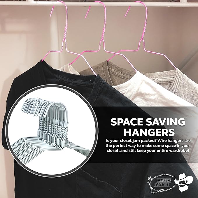Wire Metal Clothes Hangers 50 Pack for Standard Size Shirts, Pants, Skirts, Space Saving, Non Slip,18 Inch 14.5 Gauge Ultra Thin Standard Dry Cleaner Coated Steel (50, Pink)