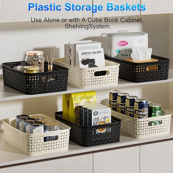 Black Plastic Basket, 8 Pack Home Organization and Storage Baskets with Handles, Space Saving Woven Organizer Bins Plastic Storage Basket for Organizing Cabinets,Closets, Shelves, Countertops