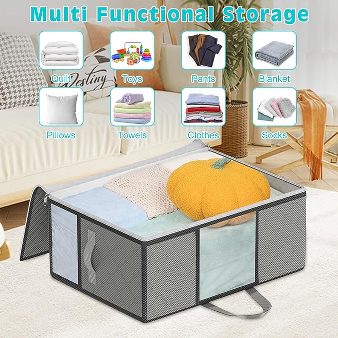 2Pack 105L Extra Large Blanket Comforter Storage Bags, Foldable Storage Bags for King Comforter Bedding Pillow Sheet Clothes with Handles Zippers Clear Window Closet Organizers and Storages, Grey