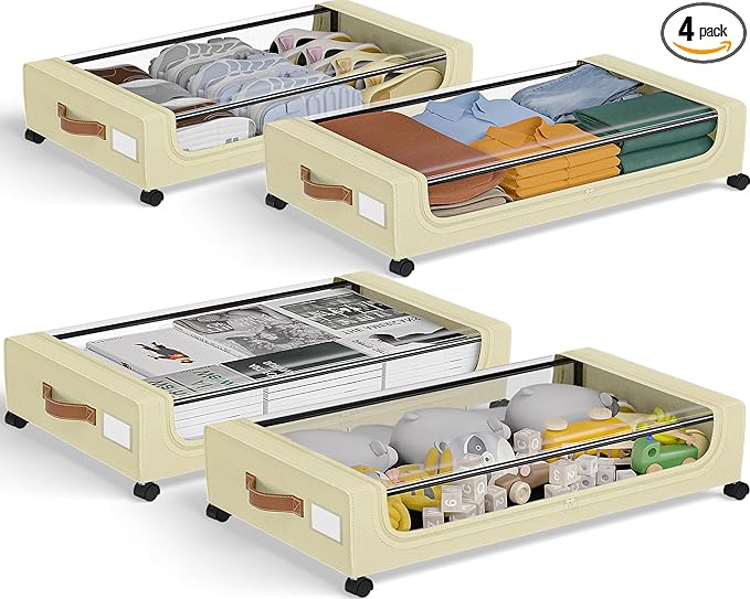 GoMaihe Under Bed Storage with Wheels:48L Underbed Storage Containers with Lids - Rolling Bins for Shoes Clothes in Dorm Bedroom - Metal Drawers Easy Pull-out Beige 4-Pack