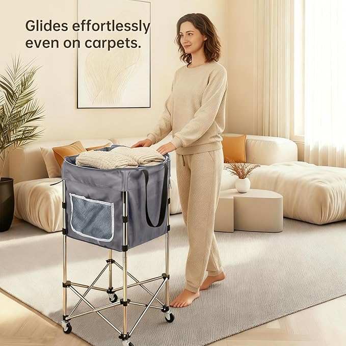 Laundry Cart with Wheels, 35.9"H Stand-Up No-Bend Rolling Laundry Basket, Locking Brakes, 360 Swivel Rubber Wheels, Fold-Flat Space-Saving Stainless Steel Frame, Removable Washable 600D Oxford Bag