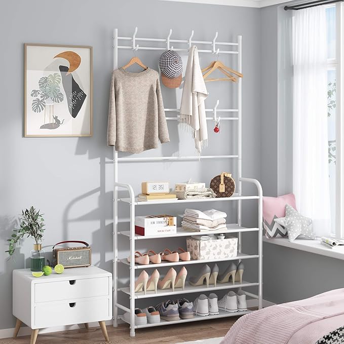 UDEAR Entryway Coat Rack,3-in-1 Hall Tree Multifunctional Storage Shelf with 5-Tier Shoe Bench and 8 hooks,20-25 Pairs of Shoes,Easy Assembly,for Entrance Foyer Bedroom Barthroom,White