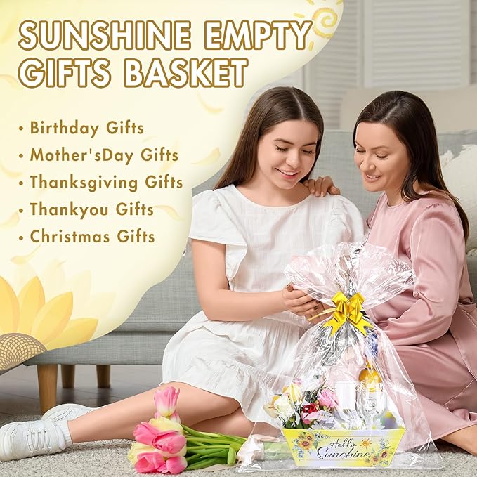 AFOROEOA 10PACK Sunshine Baskets for Gifts Empty, 10x12” Gift Baskets for Women Empty 10 Bows 10 Bags, Empty Gift Basket for Women Mother's Day Thanksgiving Christmas Easter Teacher Appreciation