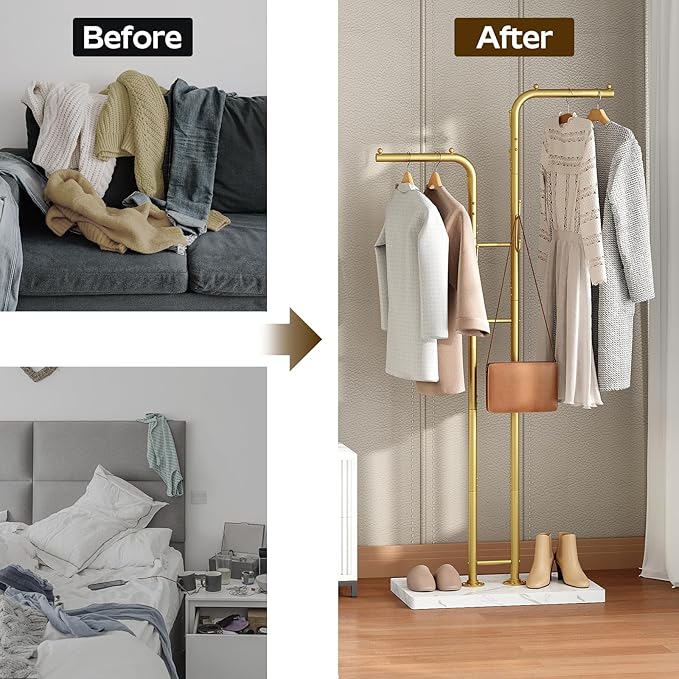 Gold Coat Hanger Stand, Floor Standing Coat Rack, Entryway Coat Tree with 8 Hooks and Marble-Look Base, Modern Double-Pole Metal Clothes Rack for Entrance, Living Room, Bedroom, YM02DWY1