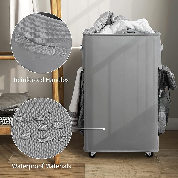 Chrislley 90L Rolling Laundry Basket Large Laundry Hamper with Wheels Collapsible Hamper Tall Storage Cart Foldable Clothes Organizer (Grey)