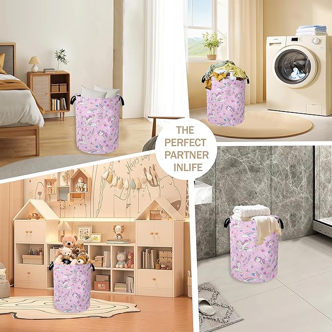 Laundry Hamper,Pink Unicorn Laundry Basket,Dreamy Rainbow Portable Collapsible Laundry Room Organization Storage for Dorm Room,Nursery,Bathroom,Bedroom,16x20 Inch