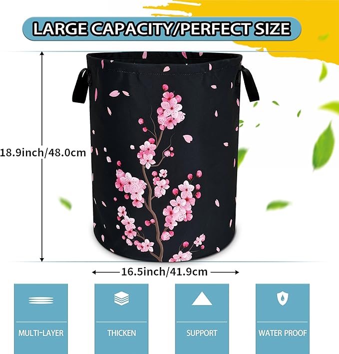 Pink Cherry Blossoms Laundry Basket Flowers Foldable Oxford Cloth Funny Tote Bag Laundry Hamper Clothes Storage Bucket Toy Organizer For Bathroom/Laundry Storage/Bedroom 18.9x16.5 Inch