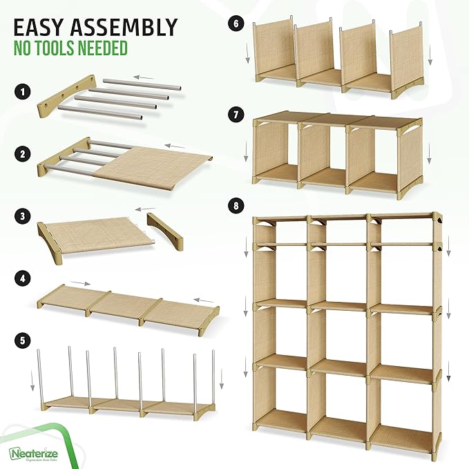12 Cube Storage Organizer With Bins Included - Closet Storage With 12 Storage Bins - Easy To Assemble Storage Unit With Drawers - Closet Organization For Clothes, Bedroom, Nursery, & Toys (Beige)
