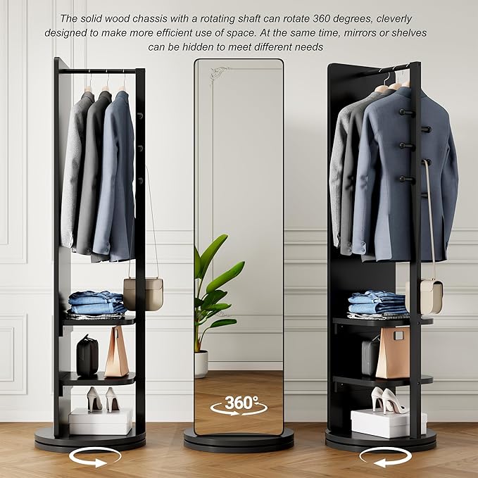 CHANCEE 360° Rotating Full-Length Mirror with Storage, 69"x16" Solid Wood Freestanding Coat Rack with Hooks, Space-Saving for Bedroom, Living Room, Cloakroom (Black)