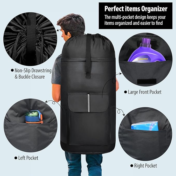 BeeGreen Black-Laundry-Bag-Backpack-Extra-Large-Heavy-Duty, 125L Portable Travel Laundry Backpack with Shoulder Straps & Extendable Clothes Hamper 3 Pockets for Dorm Apartment