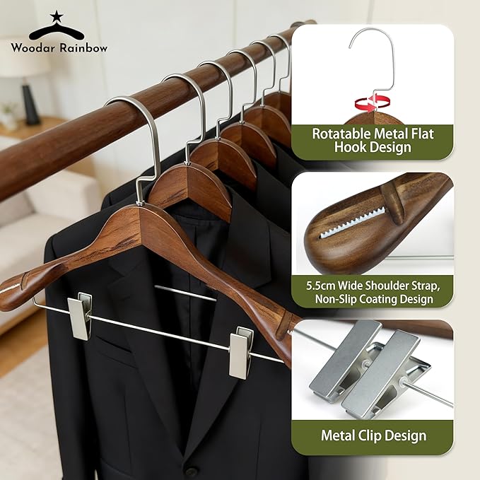 Luxury Wide Shoulder Wooden Coat Hangers with Pants Bar, Clips, Solid Wood Jacket Clothes Hangers Smooth Finish for Sweater Suit Dress Pants Sport Coats (Dark Brown, 6 Pack)