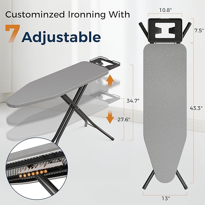 BEWISHOME Foldable Ironing Board, Compact Iron Board with 7 Adjustable Heights and Safety Iron Rest, Ironing Stand with Cover and Pad for Heat Resistance, for Laundry Room 43" X 13" Grey KYB01B