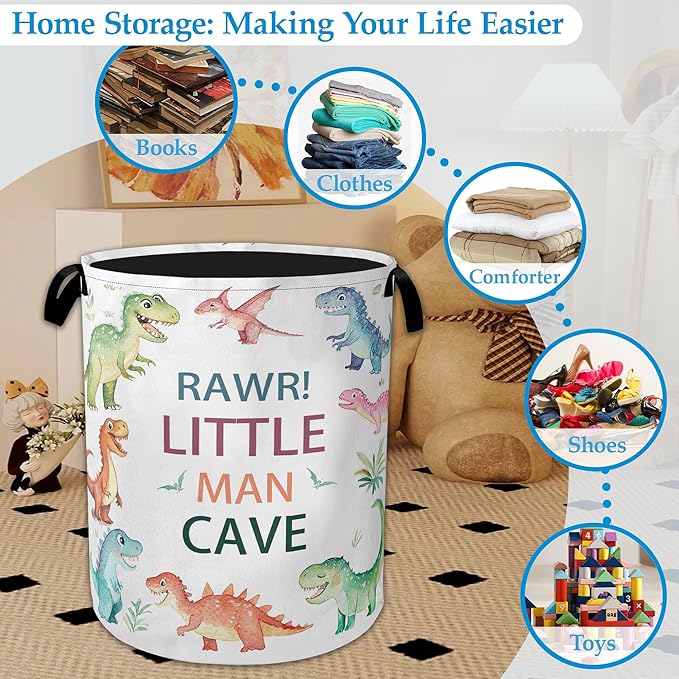 Cartoon Dino Laundry Basket Collapsible Laundry Hamper with Handles, Waterproof Oxford Cloth Storage Bin for Bathroom/Bedroom/Dormitories 16 X 20.8 Inch