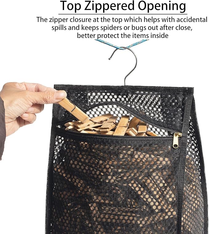 Mesh Clothespin Bag for Clothesline Outdoor, Clothes pin Bag with Zipper Closure, Large Opening, Large-Capacity Clothespin Storage Organizer with Hooks, Use YKK Zipper