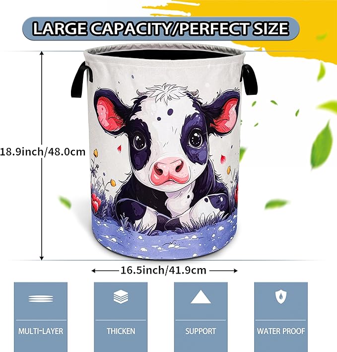 Cute Cow Laundry Basket Animal Foldable Oxford Cloth Funny Tote Bag Laundry Hamper Clothes Storage Bucket Toy Organizer For Bathroom/Laundry Storage/Bedroom 18.9x16.5 Inch